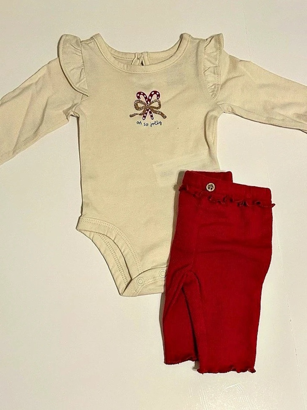 Carter's Oh So Jolly Cream Ruffle Long-Sleeve Bodysuit with Red Ribbed Pants
